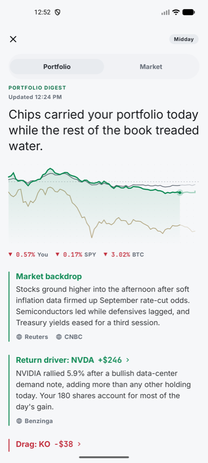 Portfolio Digest reader in the Android app: headline, a chart of the portfolio against SPY and BTC, and cited sections explaining the day’s moves